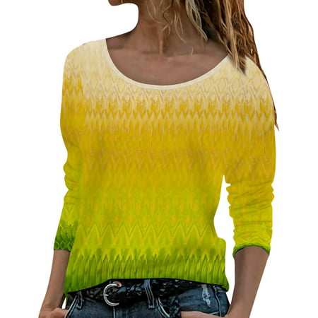 CLZOUD Casual Shirts Women Yellow Womens Round Neck Fashion Printed T Shirt Casual Loose Printed Long Sleeves Xxl