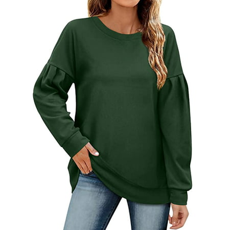 GWAABD Women Spring Long-Sleeved Shirt Women Casual Pullover O Neck Frill Sleeve Solid Long Sleeve Top T Shirt Blouse Tunic