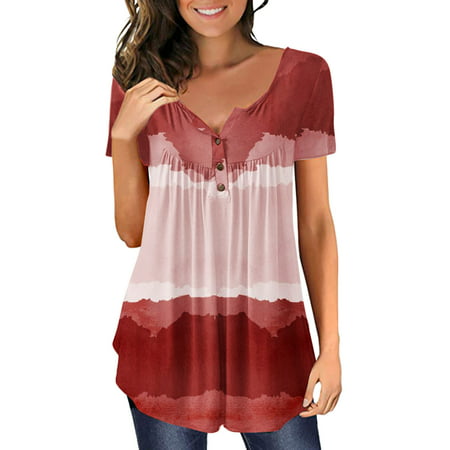 CLZOUD Casual Shirts Red Women Casual Short Sleeve Button V Neck Loose Ladies Printed T Shirt Top M