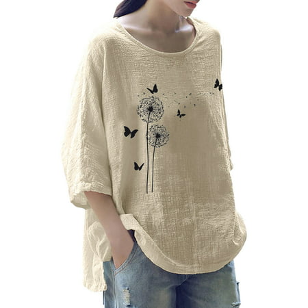 CLZOUD Casual Blouse for Women Yellow Women Summer Tops Print Cotton Blend Round Neck Three Quarter Sleeve Top M