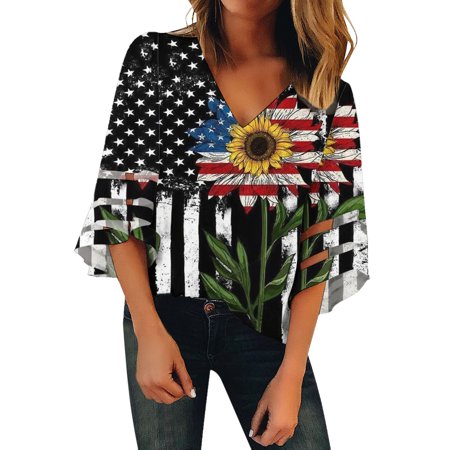 CLZOUD Womens Shirts Summer Green Womens Casual Printed Flare Sleeve Shirt Mesh Panel Shirt V Neck Top S