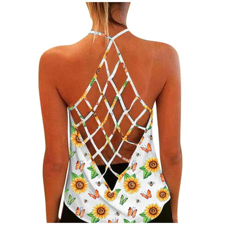 CLZOUD Women Sleeveless Camisole White Womens Sunflower Print O-Neck Blouse Vest Fashion Tank Top Xl