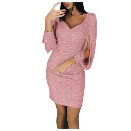 GWAABD a Line Dresses for Women Evening Party Sequined Stitching Club Solid Sleeved Women Shining Long Dress Mini Women S Dress