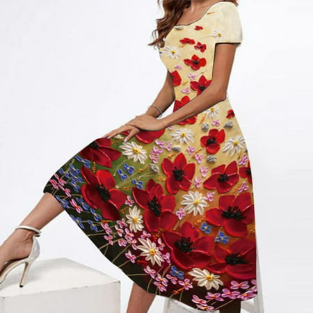 XMMSWDLA 2022 Clearance Fall Dresses for Women 2289 Short Sleeve Round Neck Casual Party Daily Elegant Printing Dress