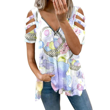 CLZOUD Woman Elegant Casual Blouse Purple Women Casual V Neck Zipper Short Sleeve Hollow Top Funny Print T Shirt Xxl