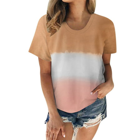 CLZOUD Business Shirts for Women Brown Womens Casual Gradient Print T Shirt Crew Neck Short Sleeve Loose T Shirt Top S