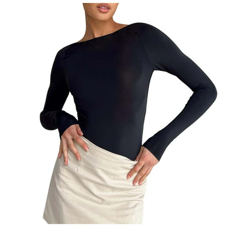 GWAABD Sleeveless Jumpsuit for Women Women S O Neck Backless Solid Long Sleeves Slim Tight Bottoming Jumpsuit