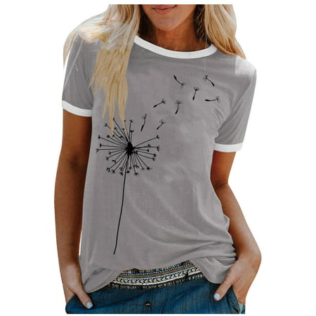 GWAABD Short Sleeves Tops for Women Women Casual Crew Neck Blouse Short Sleeve Stitching Color Printing Pattern T Shirt Holiday Top
