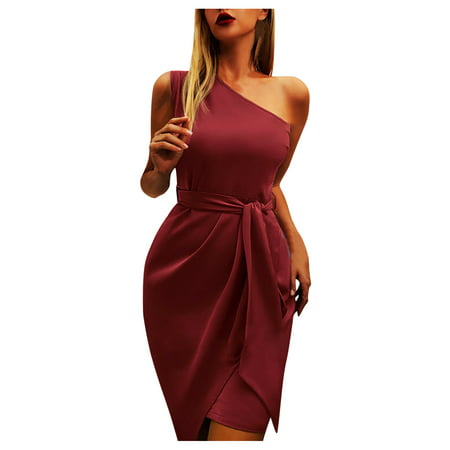 CLZOUD Casual Dress for Women Red Polyester Women S Asymmetrical Elegant Inclined Shoulder Solid Sleeveless Belt Party Dress L