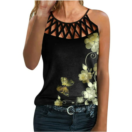 GWAABD Spagetti Strap Tops for Women Hollow Women Tunic Sleeveless Floral Print Shirt Fit Tees Loose Tops Blouse T Tank Crewneck Out Summer Women S T-