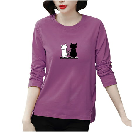 CLZOUD Womens T-shirt Purple Fashion Women Casual Long Sleeve Printed O-Neck Blouse Ladies T-Shirt Tops Xxl