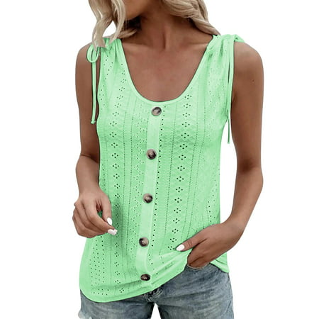 CLZOUD Women Tops and Blouses Dressy Casual Nylon Spandex Women Loose U Neck Sleeveless Tops Casual Pure Color Pleated Eyelet Summer Shirts Vest Blous