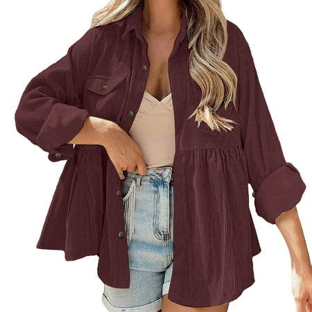 GWAABD Womens Tunic Tops 3/4 Sleeve Womens Fashion Corduroy Button Shirts Solid Color Casual Long Sleeves Loose Shirts Shirts Tops with Pockets