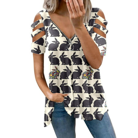 CLZOUD Summer Tops Women White Women Casual V Neck Zipper Top Hollow Out Short Sleeve Cute Print T Shirt L