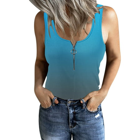 GWAABD Women S Round Neck Sleeveless Tank Top Casual Tops Women S Gradient Fit Slim Vest Low Collar Button Down Sleeveless Tops Tank Fashion Zipper Co