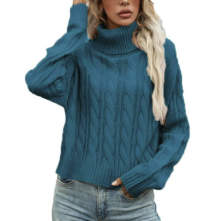 GWAABD Long Batwing Sweater for Women Women Fashion Loose High Neck Long Sleeve Solid Fried Dough Twist Pullover Sweater Coat