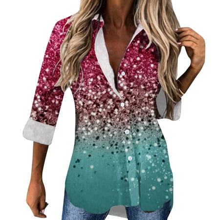 GWAABD High Neck Tops for Women Women Casual Spring and Summer Shiny Printed Long Sleeved Lapel Button Shirt