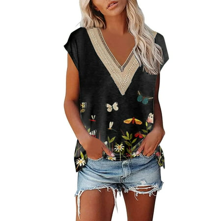 CLZOUD Fashion Blouse Women Green Women S Summer Casual Print Lace Lace V Neck T Shirt L