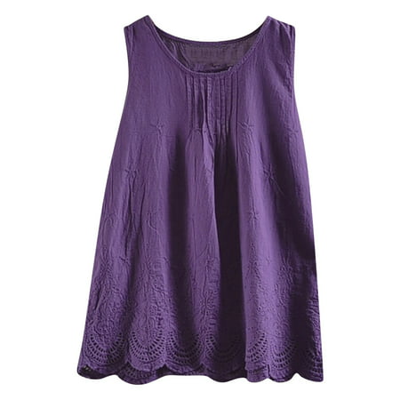CLZOUD Tight Fit Cut-Outs Top Purple Cotton European and American Ladies Solid Color Cotton Linen Round Neck Hollow Pleated Striped Sleeveless Vest Xx