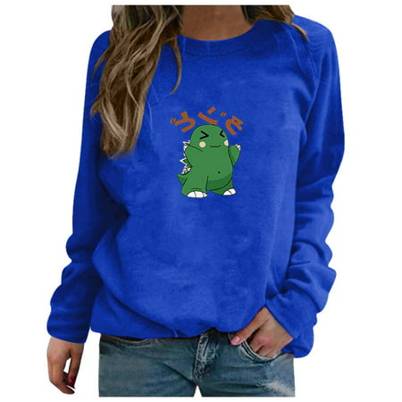 GWAABD Womens Tops Long Sleeve Women S Sweatshirt Green Dinosaur Print Long-Sleeved Casual Blouse Pullover
