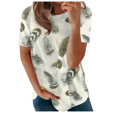 CLZOUD Women Tops and Blouses Dressy Casual Khaki Ladies Short Sleeve T Shirt Feather Print Top Fashion Casual Crew Neck Top L