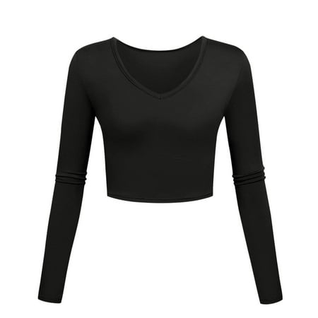 GWAABD Tshirt for Women Graphic Womens V Neck Crop Top Long Sleeve Shirt Slim Fit Solid Basic Top Short