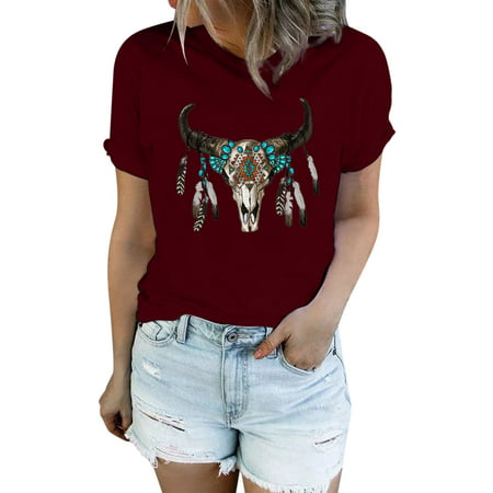 GWAABD Teacher Sweatshirts for Women Women Fashion Top Shirt Short Sleeve Aztec Western Casual Denim Shirt Elegant Loose Print T Shirt Top