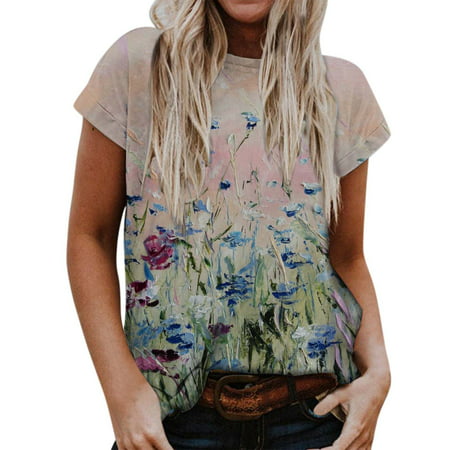 GWAABD Zipper Tops for Women Womens Summer Casual Printed Short Sleeve Crew Neck Loose Casual T Shirt