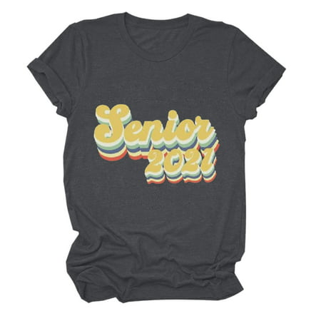 CLZOUD Women Casual Shirt Dark Gray Polyester Women Casual Letters Print Shirt O-Neck Short Sleeve Tee Tops Tunic M