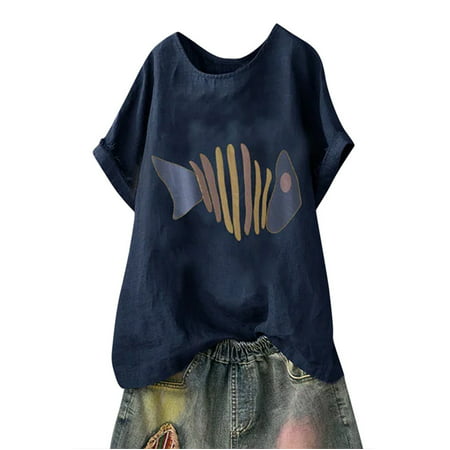 CLZOUD Fashion Blouse Navy Cotton and Linen Women Casual Plus Size Short Sleeve Cotton Linen O-Neck Print Blouse Top T-Shirt