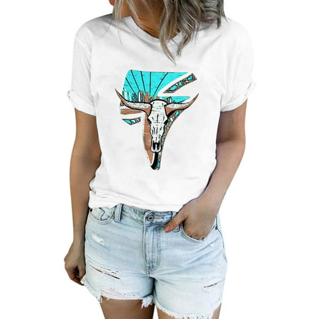 GWAABD Loose Tops for Women Top Shirts Short Sleeve Aztec Western Casual Denim Shirt Elegant Daily Fashion Print T Shirt Top