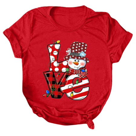 CLZOUD Dress Shirts for Women Red Women Casual Merry Printing Shirts Round Neck Short Sleeve Tee Tops Tunic Blouse Xxl