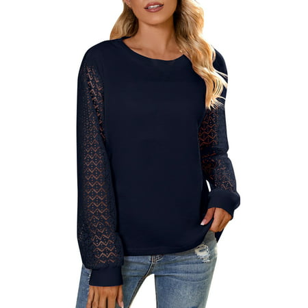 GWAABD Women Long Sleeve Round Neck Solid Color Top Paneling Casual Fashion Pullover T Shirt
