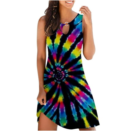 Ersazi Summer Dresses for Women 2023 Women S Leisure Loose Summer Colorful Print Tank Top Dress Fashion Floral Dresses for Women 2023 Party  Dark Blue