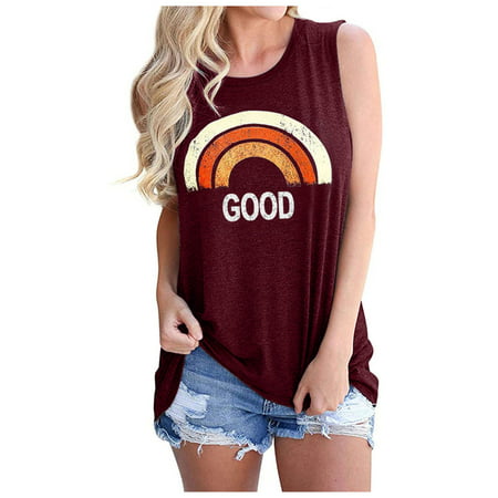 CLZOUD Summer Cute Tops Women Letters Printing Sleeveless O-Neck Vest Tank Shirt Tunic Blouse Tops M