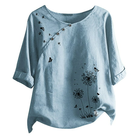 CLZOUD Women S Summer T Shirt Blue Polyester Plus Size Women Flower Butterflies Print Button Half Sleeve Blouse Top T-Shirt Xxxxxl