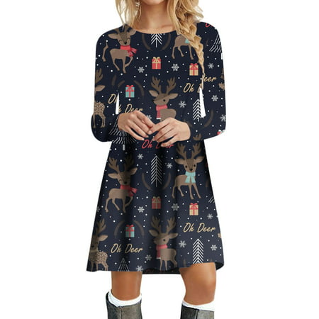 CLZOUD Women S Summer Dresses Dark Blue Polyester Spandex Womens Long Sleeve Crew Neck Deer Printed Soft Dress Fashion Party Swing Dress Xl