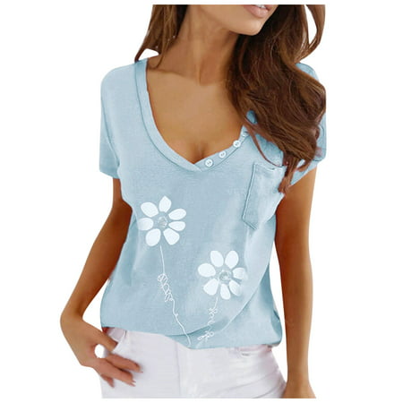 GWAABD Womens T Shirts Casual Blouse Plus V Neck Tunic T Shirt Printed Casual Size Loose Summer Womens Pleated Women S Blouse