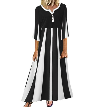 GWAABD Fashion Dresses Ladies Summer Casual Short Sleeve Printed Long Dress Button Casual Dress