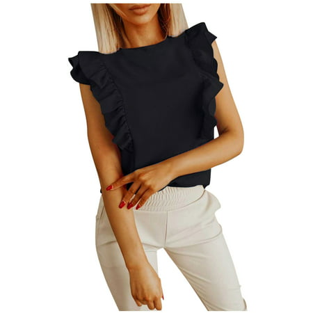 GWAABD Womens Deep V Neck Halter Crop Cami Top Casual Racerback O-Neck Ruffle Sleeveless Tops Women S Summer Loose Blouse Tank Women S Blouse