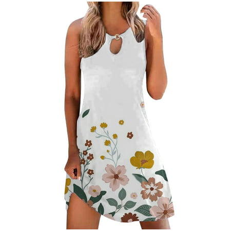 Blue Maid Dress Beach Dresses for Women Casual Loose Summer Floral Printed Tank Dress Hollow Out Holiday Sundress Sleeveless Dresses Sun Dresses Women