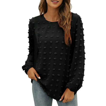 CLZOUD Elegant Blouses for Women Black Hot Fashion O Neck Long Sleeve Breathable Soft Womens Shirt L