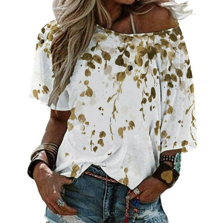 CLZOUD T-shirt Womens Khaki Women Boho Loose Top Summer Blouse T Shirt One Plus Size Floral Printed Shoulder Women S Blouse Xxxxl