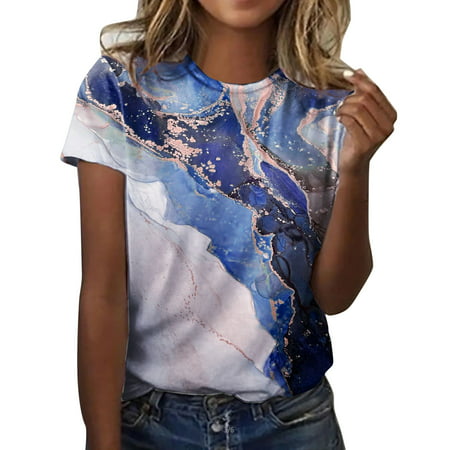 GWAABD Cute Womens Sweatshirts Womens Daily Summer Water Color Print O Neck Tank Tops Short Sleeve Workout Shirts Casual Loose Tees