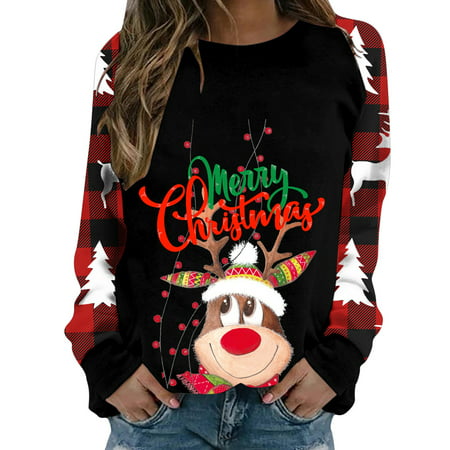 GWAABD Spring Pullover for Women Xmas Womens Long Sleeve Crew Neck Deer Letter Printed Hoodless Sweatshirts Holiday Fit Pullover Blouse
