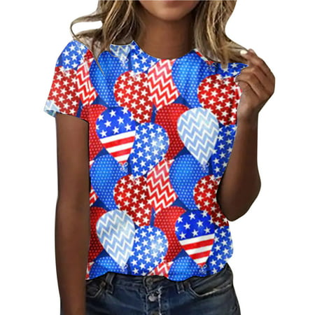 CLZOUD Womens Blouses and Tops Dressy for Work Blue Women America Flag Print O Neck Tops Short Sleeve Round Neck Tee Shirt Printed Flower Loose Side S