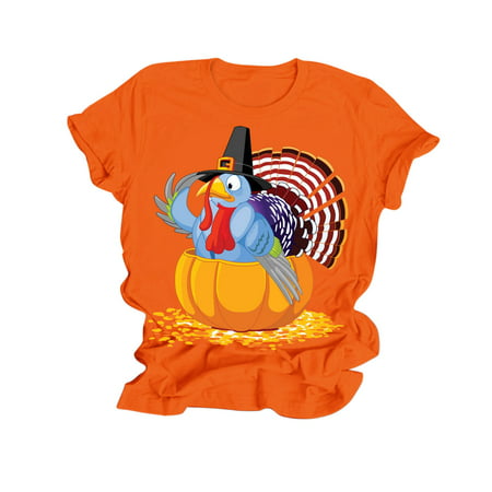 CLZOUD Business Shirts for Women Orange Polyester Womens Thanksgiving Day Printed Short Sleeve Crew Neck T Shirt Top L