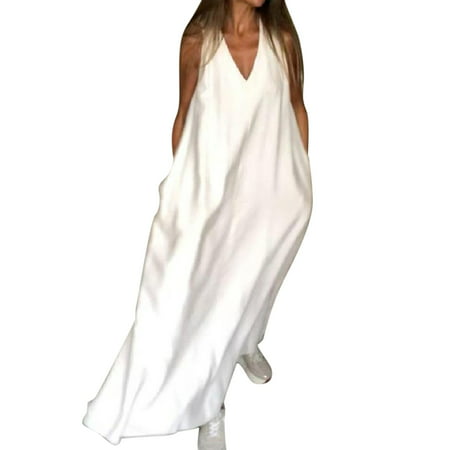 CLZOUD Summer Dresses Women White Cotton Blend Women Casual Solid Dress Pocket V Neck Loose Dress Loose Beach Holi Dress Xl