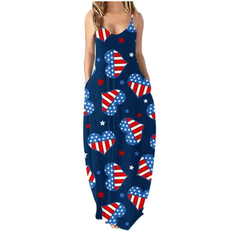 Guieoi Summer Dress Women S V-neck Strap Sleeveless Long Pocket Independent Day Print Dress Sleeveless V-neck Dress Summer Dresses 4890 on Clearance