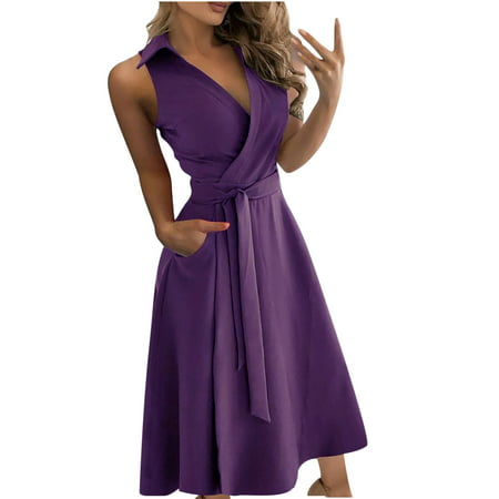 Bigersell Summer Dress Women S Casual Loose Bandage Sleeveless Solid V-Neck Ankle-Length Dress Big & Tall a-Line Dress Style 9332  Female Full-Length 